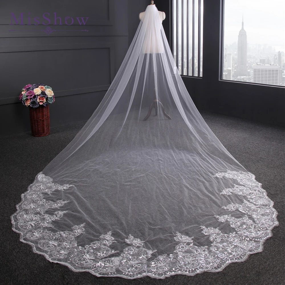 4 Meter Ivory/White Bridal Veils Lace Edge Tulle Bling Seuqins Cathedral Wedding Veil 2017 Long Veu de Noiva Wedding Accessories
