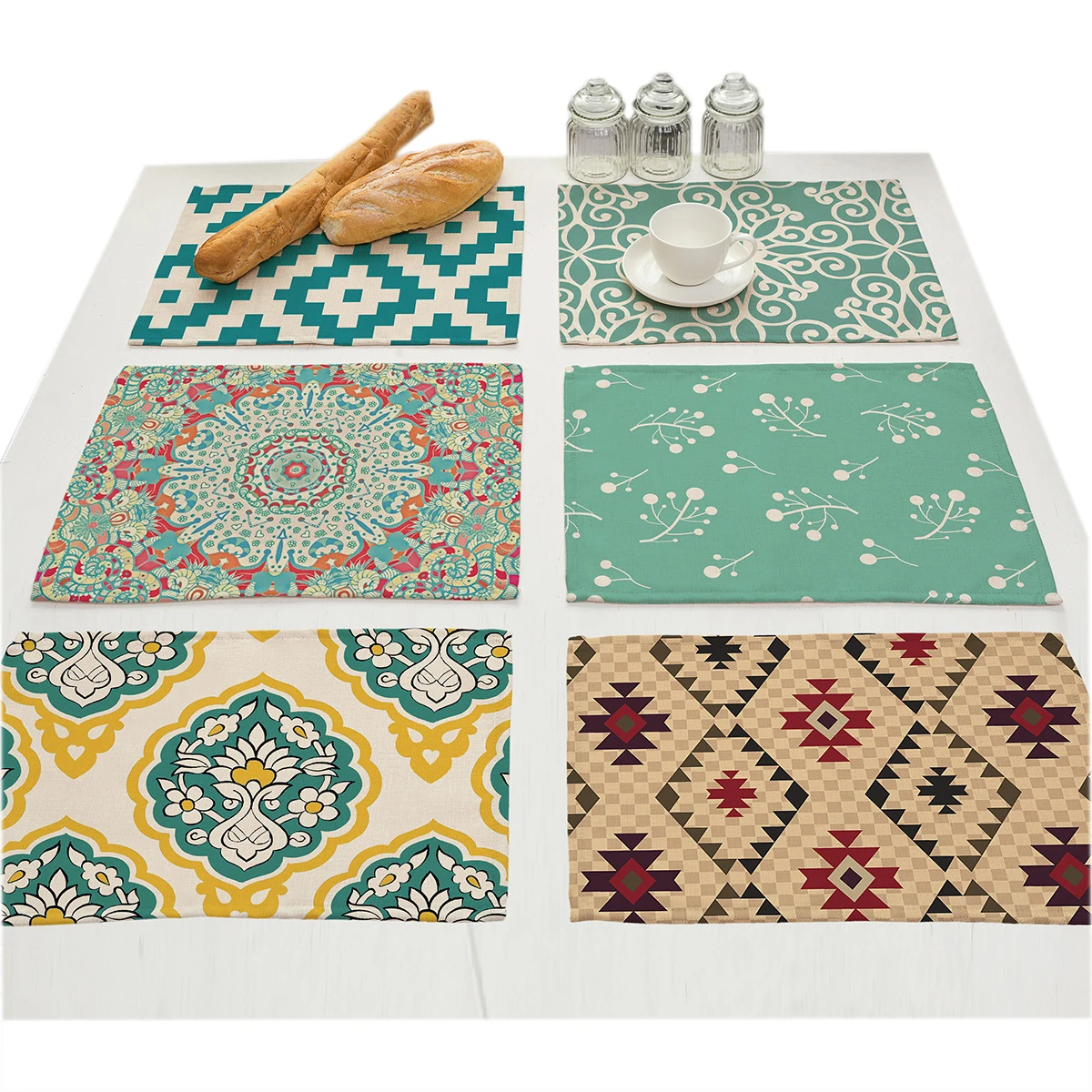 

Geometric Printed Placemats Flower Plant Linen Drink Coasters Cup Design Cloth Dining Table Mat Doilies Decoration Accessories