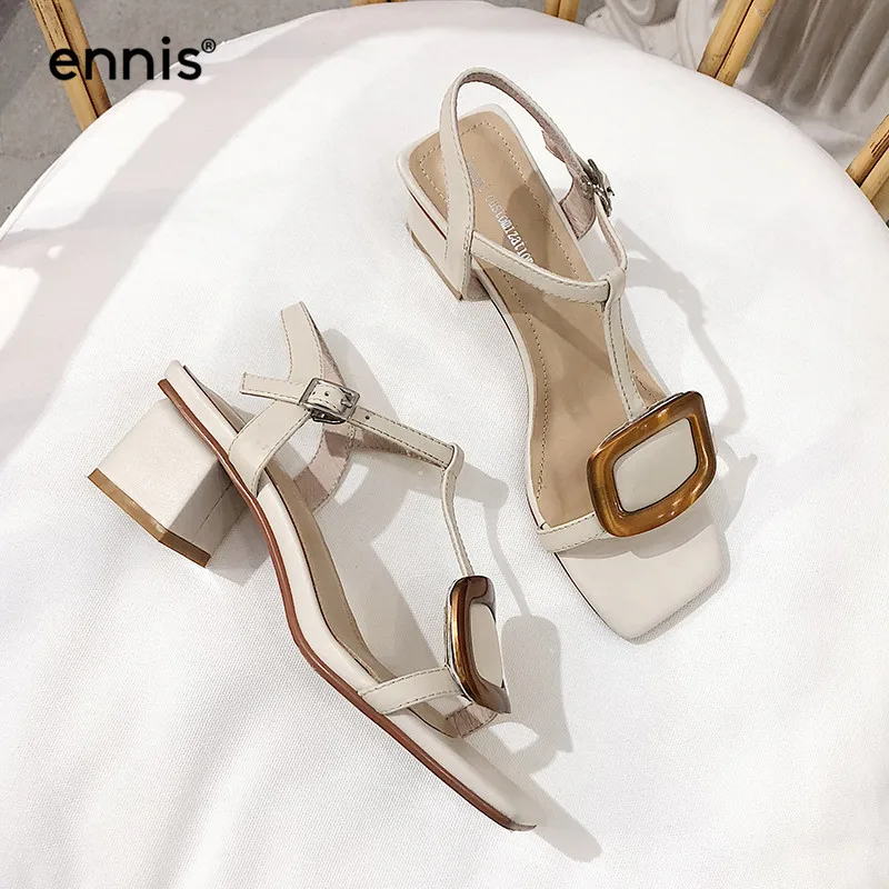 

ENNIS 2019 Genuine Cow Leather Sandals Women Square heel Sandals Summer Shoes Black Ladies T Strap Fashion Sandals Beige S912