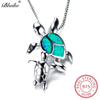 

Blaike Cute Blue Fire Opal Mom & Baby Turtle Pendant Necklaces For Women 925 Sterling Silver Teardrop Rainbow Birthstone Choker