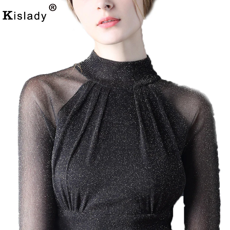 

Kislady 2018 Spring Summer Women's Sexy Transparent Sleeve Tops Halter Pleated Design Casual Shining Shirt Mesh Patchwork Blusas