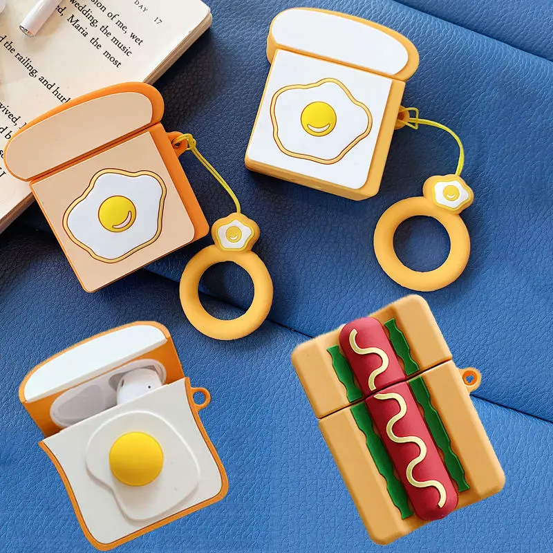 

Funny Cute Egg Toast Silicone Case for Apple Airpods 1 2 Bluetooth Wireless Earphone 3D Hot Dog Finger Ring Strap Headset Cover