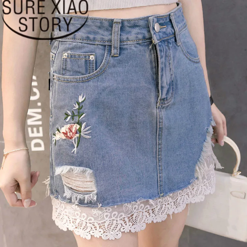 

2019 Fashion Lace Stitching Embroidery Women's Skirt A-Line Blue Jeans Female Short Skirts Womens Pockets Jean Skirt 2167 50