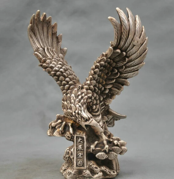 

8" China Silver Bronze Hawk Eagle Bring Luck To Career Statue R0712