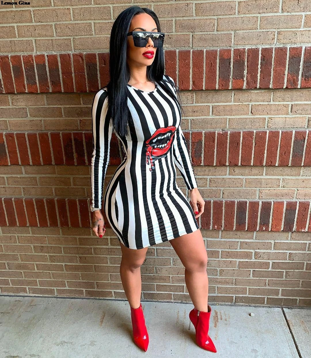

2019 new women stripes sexy mouth printed o-neck long sleeve above knee pencil bodycon midi dress vestidos S-2XL LGA8040