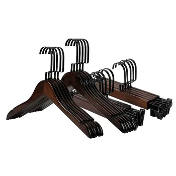

12 Pcs Antique Solid Wood Suit Clothes Hangers with Strong Black Flat Hook, Walnut Finish Wooden Pants Hanger Rack with Clips