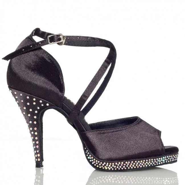 DILEECHI Rhinestones Black Satin Women ultra high heels 10cm Latin dance shoes Waterproof platform Increased Pumps Party shoes dance shoes