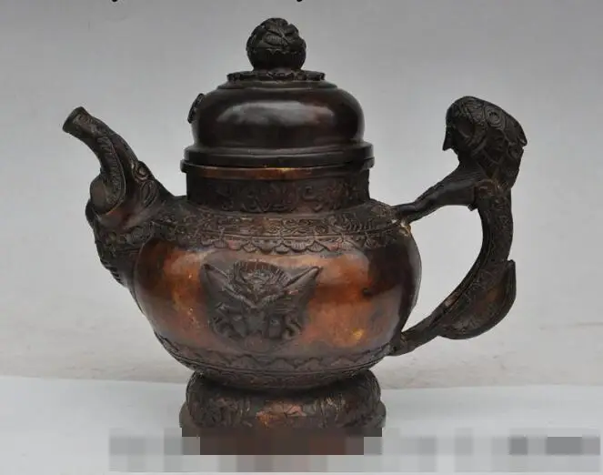 

S01820 7.5"china folk bronze wing beast elephant Nose statue Yellow wine Tea Pot Flagon B0403