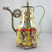 Исцеление Коллекционные вещи Куан желтые глазури портативный тибетского серебра сварки чайник украшения сада Настоящее Тибетский серебро латунь