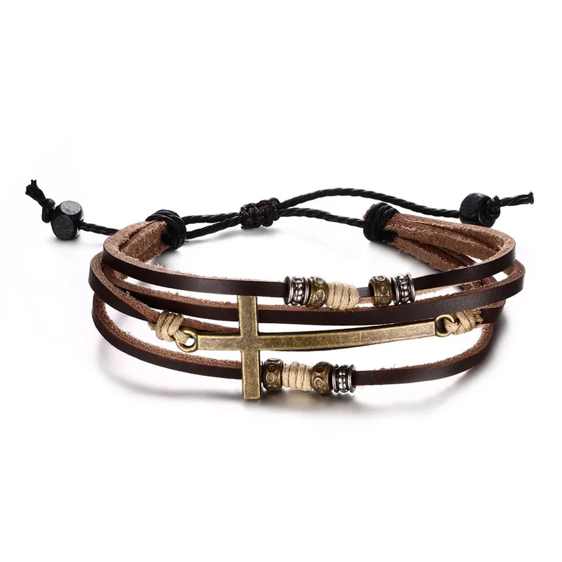

Genuine Real Leather Cross Bracelets & Bangles For Women Men Jewelry Size Adjustable Bohemia Rope Chain Leather Bracelet