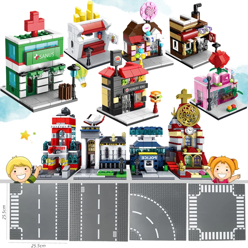 

Architecture Ciyt Road Plate Baseplate Street View Building Blocks Shop House Model Brick Toys for children Creator