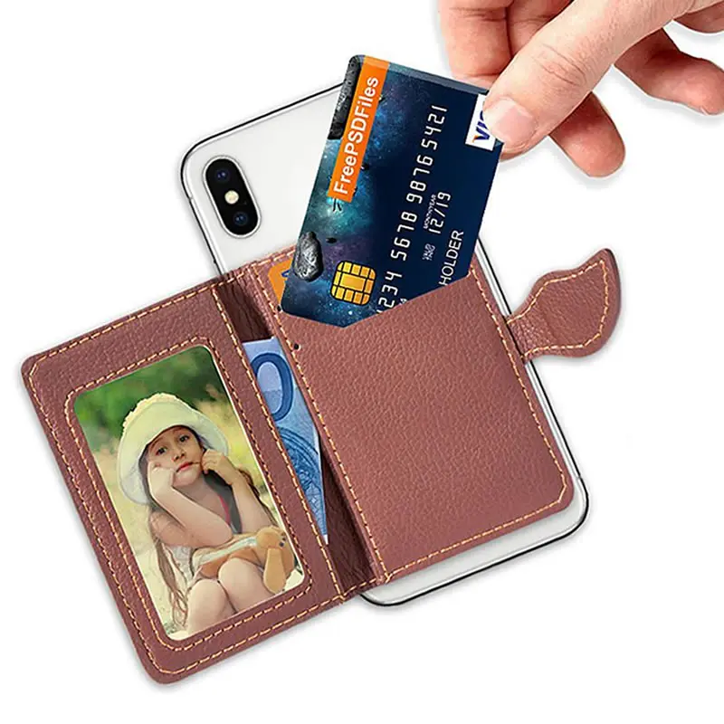 Creative PU leather Phone Wallet Case Women Men Credit Card Holder Pocket Stick 3M Adhesive ...