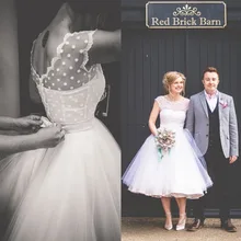 Винтаж 1950 s стиль горошек Короткие свадебное платье чай Длина маленькие белые свадебные платья Vestidos de Novia открытое свадебное платье