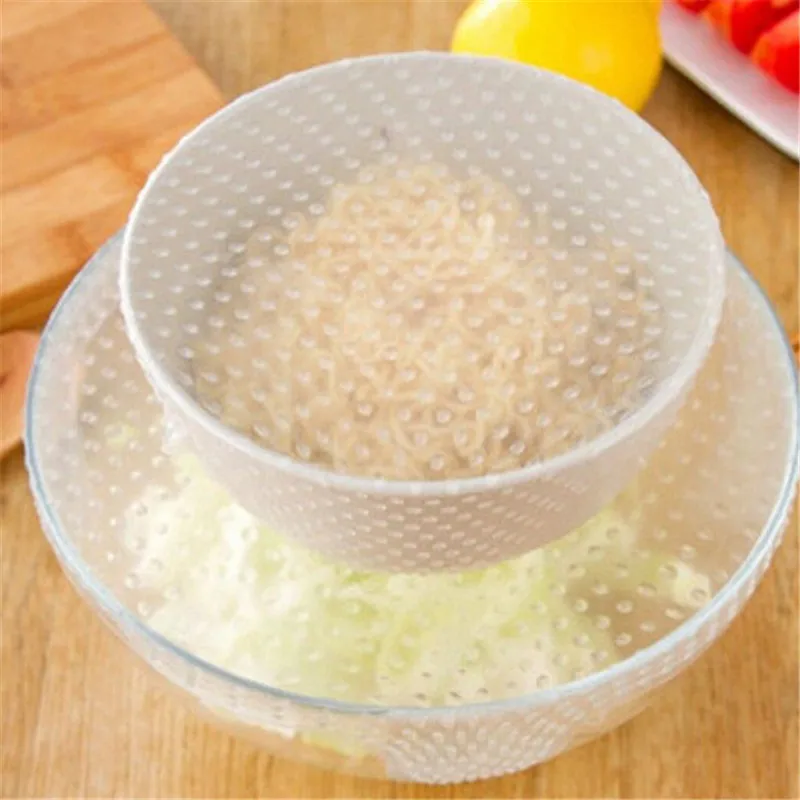 

4pcs /set Food Grade Plastic Wrap Reusable Fresh Keeping Saran Wrap Kitchen Tools Silicone Food Wraps Seal Cover Multifunctional