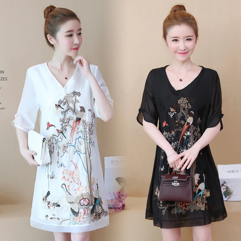 

5XL Plus Size Short Sleeve A-Line Dress Women Vintage Floral Embroidery V-Neck Mini Dress Chinese Style Improved Cheongsam