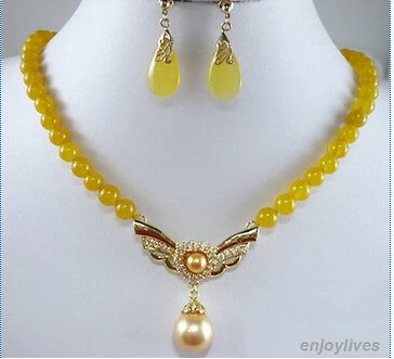 

Free shipping Yellow Jade Golden Shell Pearl Crystal Gold Plated Pendant Necklace Earrings Set
