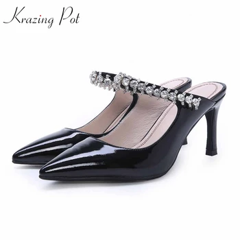 

Krazing Pot kid suede shoes women stiletto high heels crystal-studded slip on mules pointed toe sunshine girl summer pumps L12