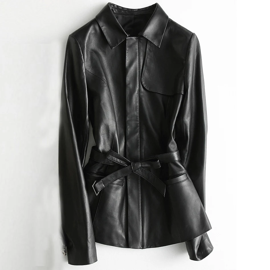 

2019 New Brand Genuine Leather Jacket Women Sheepskin Coat with Belt Elegant Streetwear Casual Black Slim Jacket A015