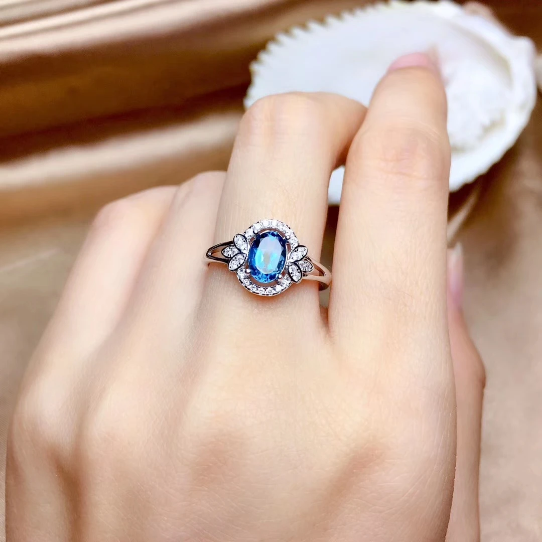 Кольцо с натуральным голубым топазом, кольцо с натуральным драгоценным камнем из серебра S925 пробы, модные женские вечерние ветви в виде листьев, хорошее ювелирное изделие