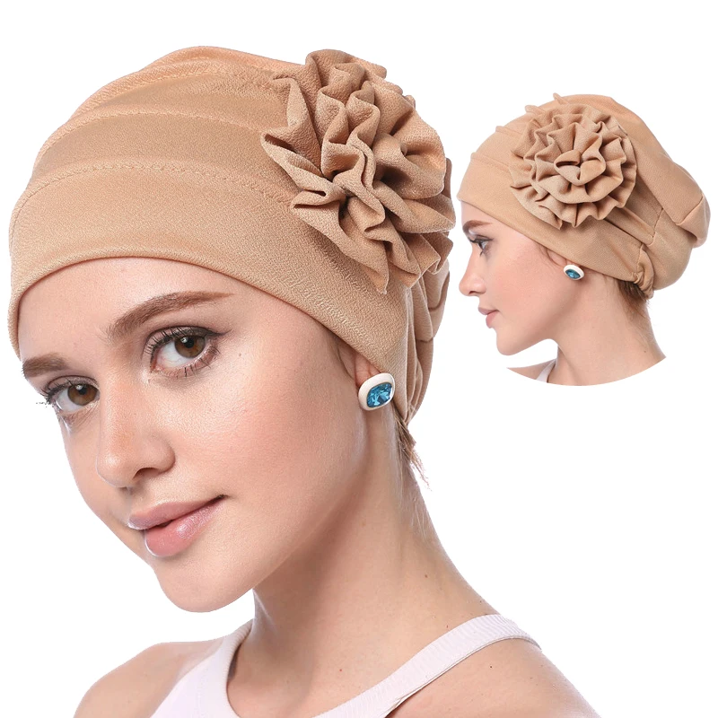 

2019 Muslim Women Inner Hijab Soft Elastic Flower Headscarf Hats Solid Cotton Breathable Islam Bonnet Arab Head Wrap Turban Cap