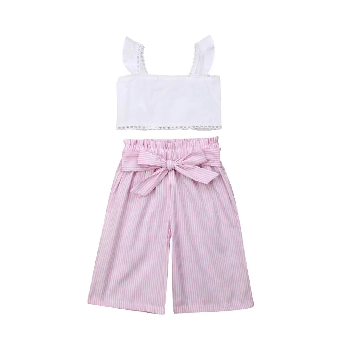 

1-6Y Summer Kids Baby Girl White Tank Tops Striped Wide Leg Pant Trouser 2PCS Girls Clothing Set
