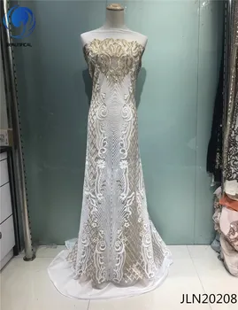 

BEAUTIFICAL african lace fabric white nigerian mesh tulle lace with sequins embroidery lace fabric for dress Hot sale JLN202