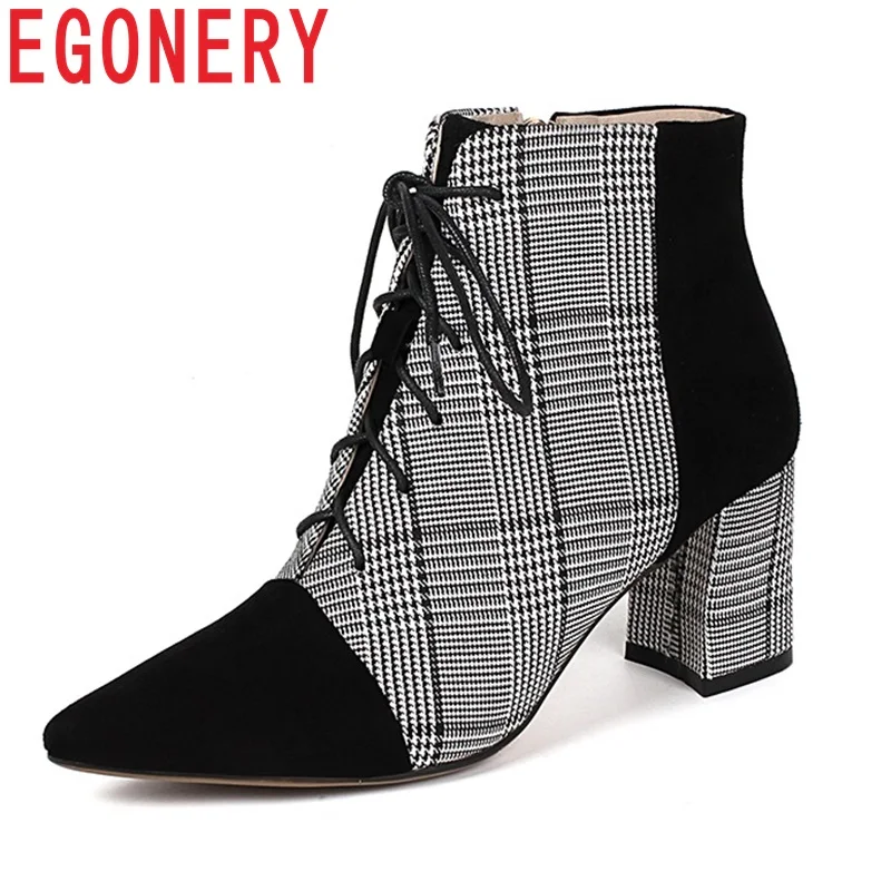 

EGONERY women shoes black white grid ankle boots 2018 fashion pointed toe lace-up high heels ladies office dress shoes size33-40