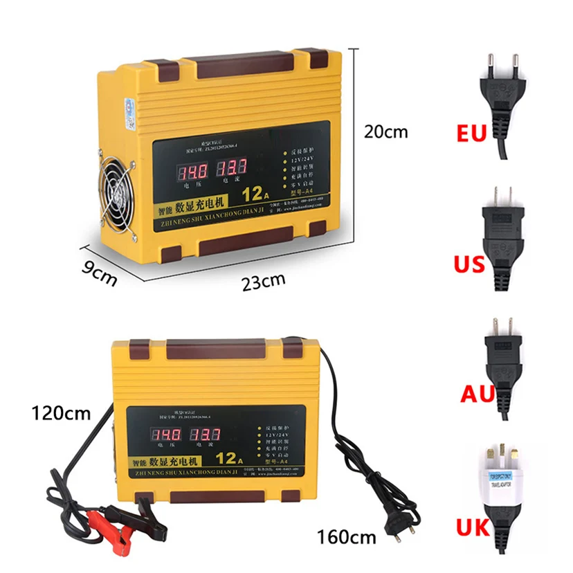 Portable 12V 24V Car Battery Charger Intelligent Pulse Repair Type 12A Smart Fast Auto Lead Acid Cell Automatic Power Charging