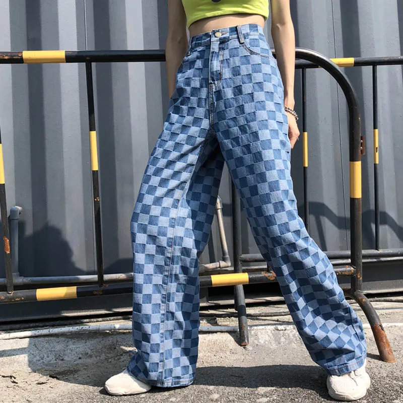 2019 Couple Harajuku Plaid Straight Pants Men Women