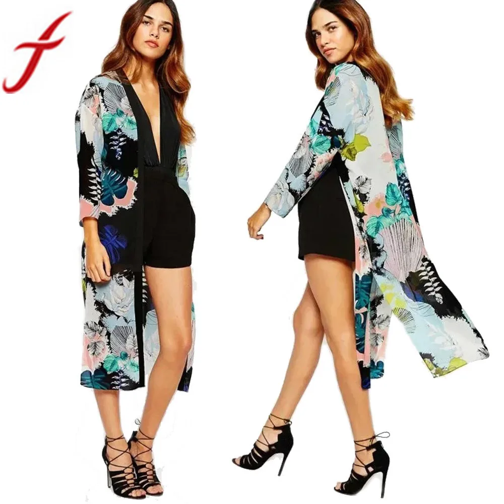 

Feitong 2019 Summer Women Casual Kimono Cardigan Chiffon Blouses Floral Print Long Sleeve Long Tops blusa mujer feminino
