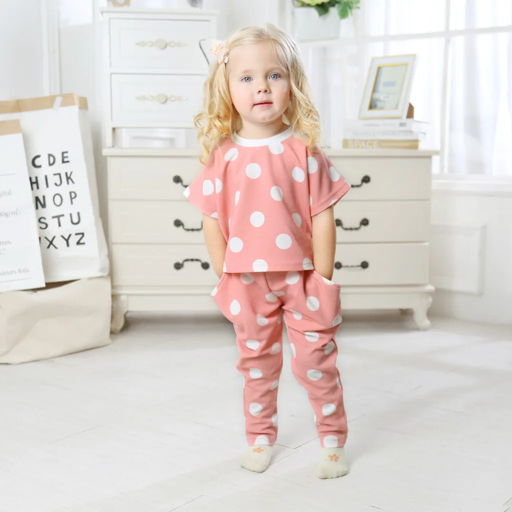 

Toddler Baby Girl Short Sleeve Dot Print Tops+Pants Pajamas Sleepwear Outfits Roupas Infantis Menina Summer Pyjamas Girls