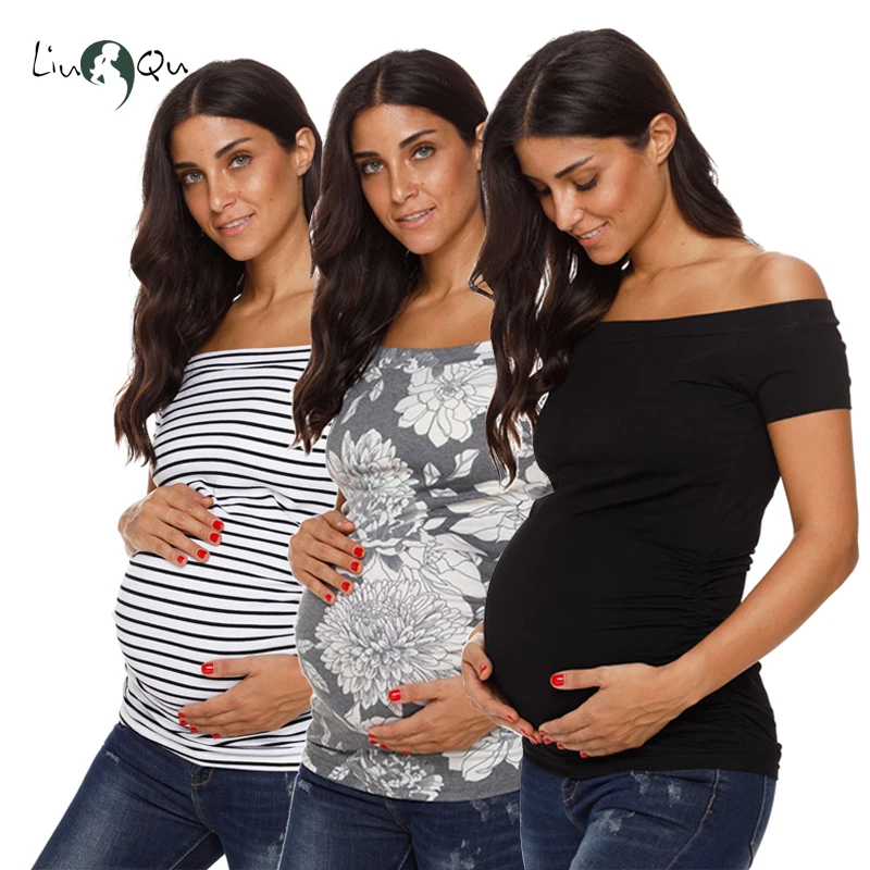 Комплект из 3 предметов, Женские топы для беременных, с открытыми плечами, с коротким рукавом, с рюшами сбоку, Футболка для беременных, Классическая Летняя одежда для беременных, мама