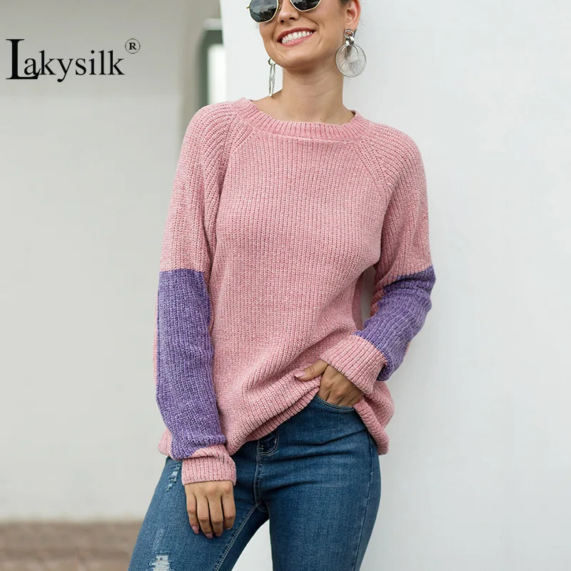 

Top Quality Knitted Autumn Sweaters Women O-Neck Long Sleeve Patwork Pink,White,Black Pullovers Femme Fashion Winter Blouse