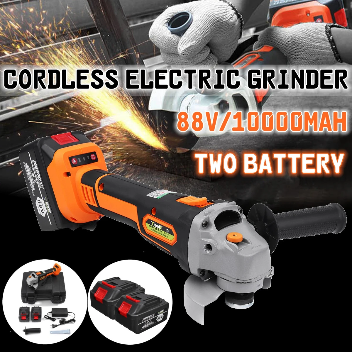 

88Vf 10000mAh Electric Angle Grinder Cordless Polisher Polishing Machine Cutting Tool with 2 batteris for grinding cutting metal