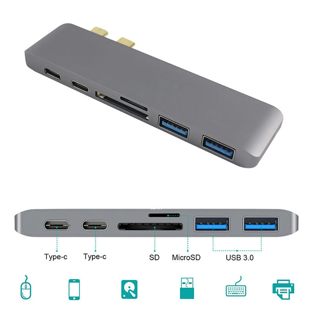 Dual Type C HUB 3.0 Adapter 6 in 1 Charger Card Reader USB3.0 Type Charging Converter For Macbook Pro Google Chromebook Laptop 