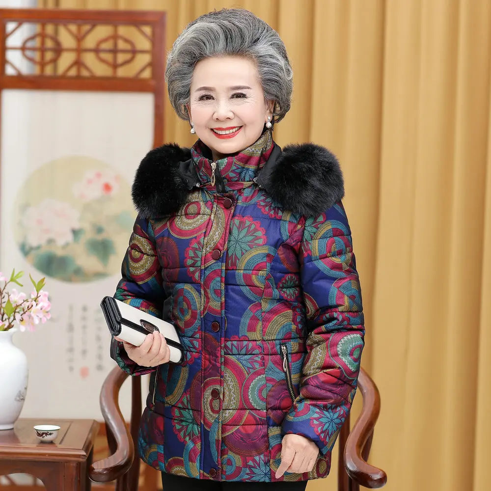 Elderly Women Puffer Jackets Withe Fur Hood Parka Grandmother Winter Warm Quilted Basic Coats Floral Printing Quilted Puff Coat