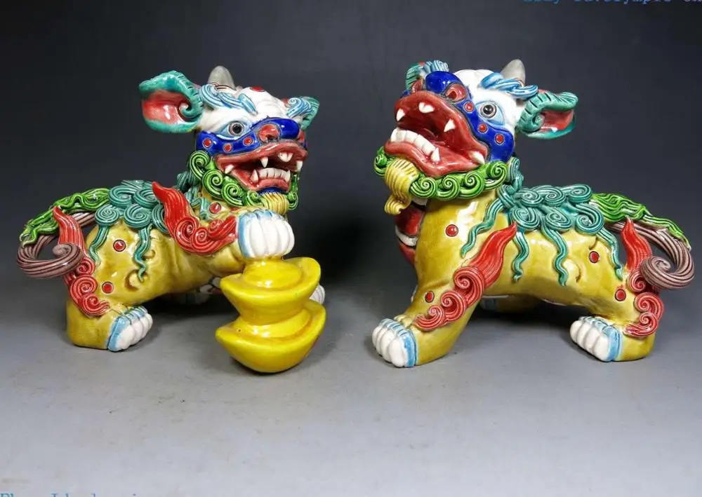 Китайский полихромовый koji Керамика ручной работы Yuan Bao fine Foo Dogs Статуя Льва