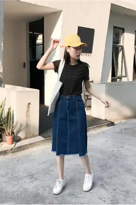 

S-XL 2018 new high waist elastic force mid-calf length danim skirt