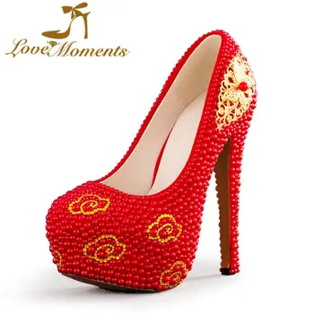 

Love Moments Red pearl wedding shoes bride platform high heels Pumps evening wedding dress party prom shoes Custom Made Size 45
