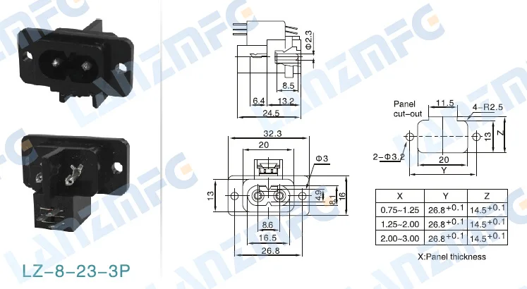 LZ-8-23-3P 3pin ac power универсальная розетка переменного тока с креплением на панель