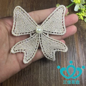 

50pcs New Embroidery Gold Lace Applique Headwear Bowknot Flower Lady Motif Venise Lace Trim Wedding Dress Garment Accessories