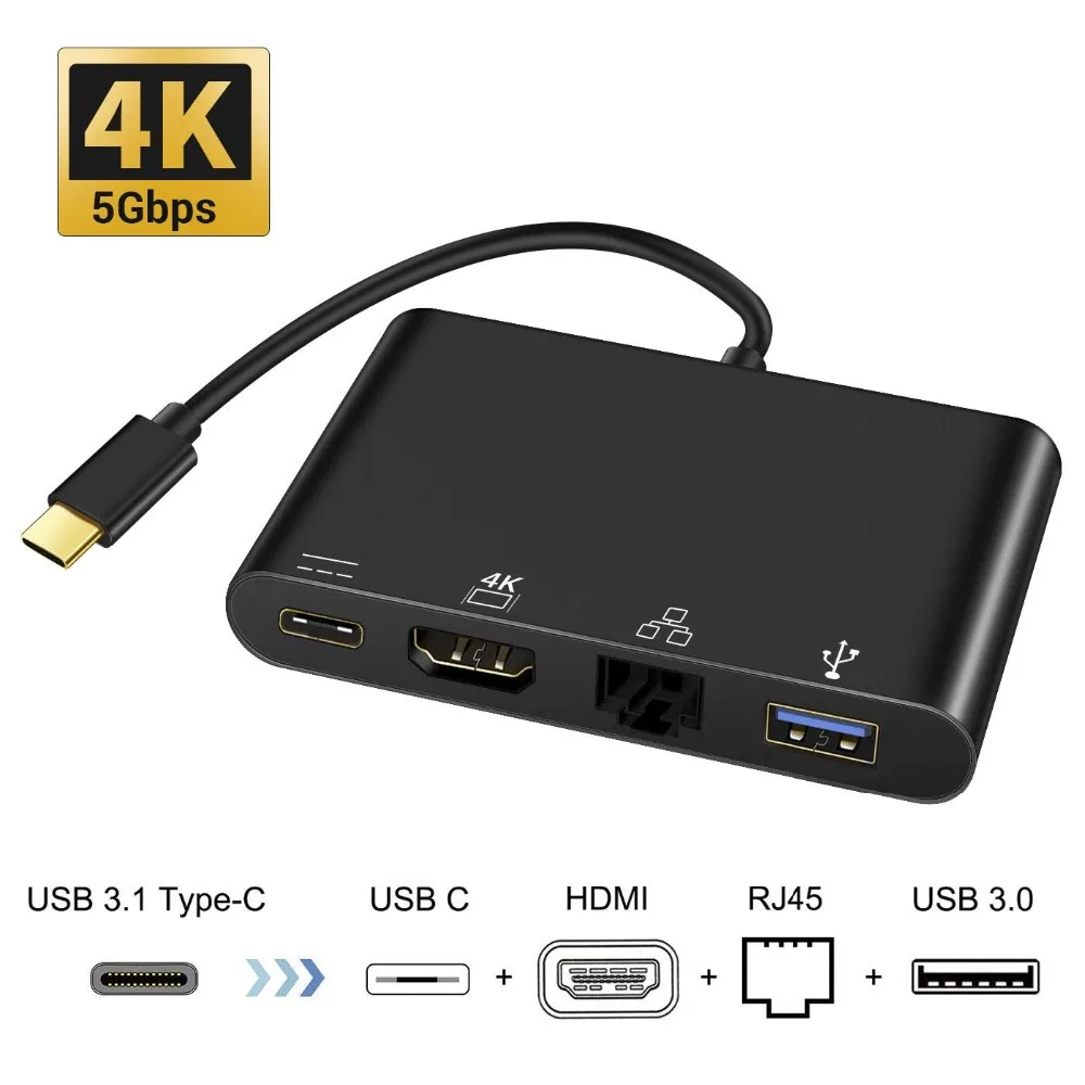 4 в 1 USB C к HDMI 4K порт USB 3,0 концентратор Thunderbolt 3 док-станция с Lan RJ45 сети и type-c PD зарядный порт адаптер для HDTV ПК