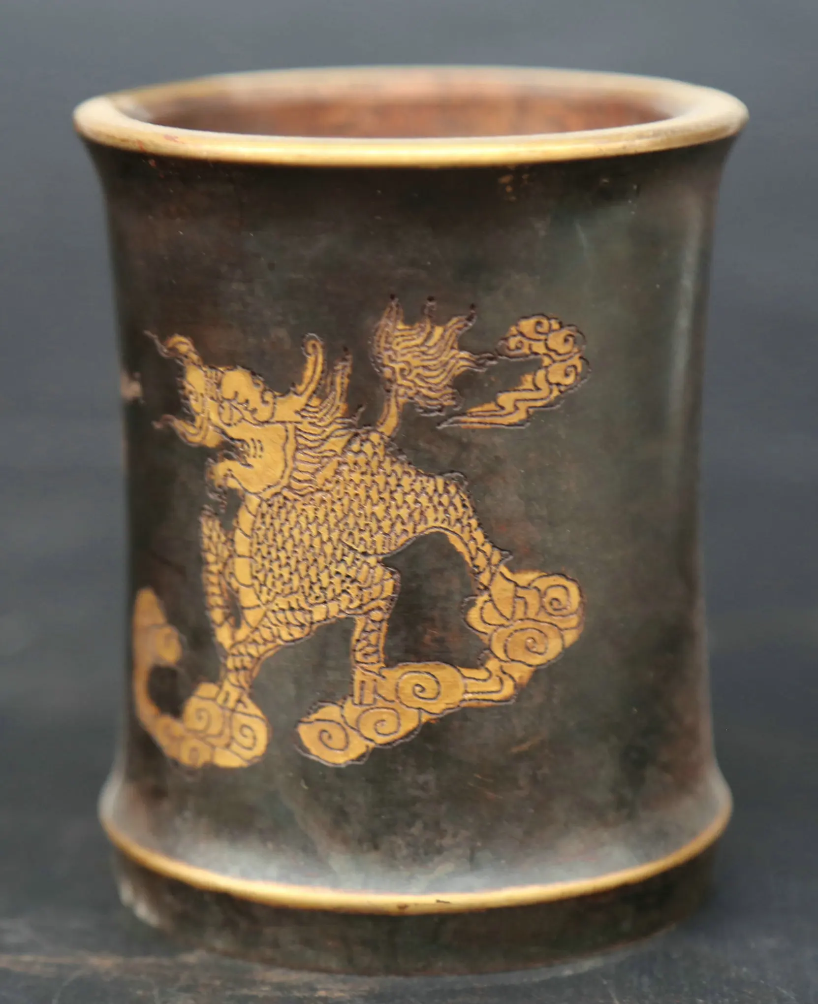 

90MM/3.5" Collection Bronze Chinese Gild Bronze Exquisite Animal Qilin Kylin Unicorn Brush Pot Pencil Vase Statue Statuary 799g