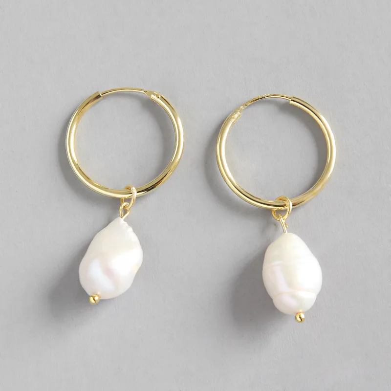 

INALIS Luxurious Unique Noble Drop Earrings 925 Sterling Silver with Big Baroque Natural Pearl Dangle Brincos for Women Jewelry