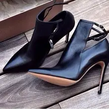 Лидер продаж ботильоны с острым носком модные женские туфли на высоком тонком каблуке ботинки с ремешком на лодыжке и вырезами черные кожаные туфли-лодочки