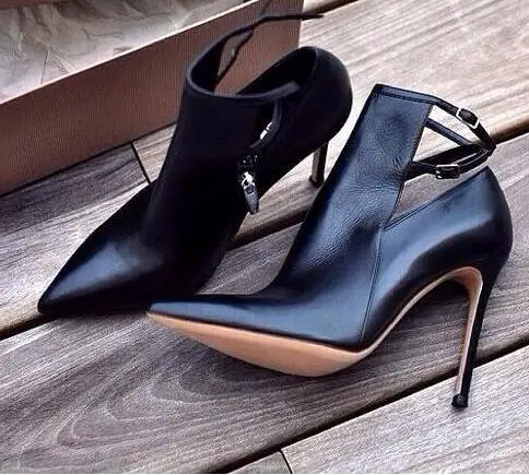 Hot Selling Pointed toe Ankle Boots Woman Fashion Thin Heels Boots Ankle Strap Cut-outs High Heel Boots Black Leather Pumps