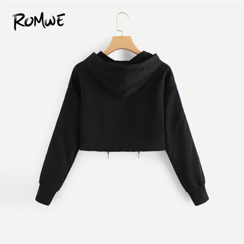 ROMWE Черная Женская толстовка с капюшоном и полосками, весна-лето, уличная одежда на завязках, короткий пуловер с длинным рукавом, топы