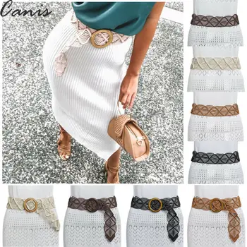 

Women's Boho Wooden Button Waist Straw Belt Bodycon Belt Buckle Waistband Clothes Accessories