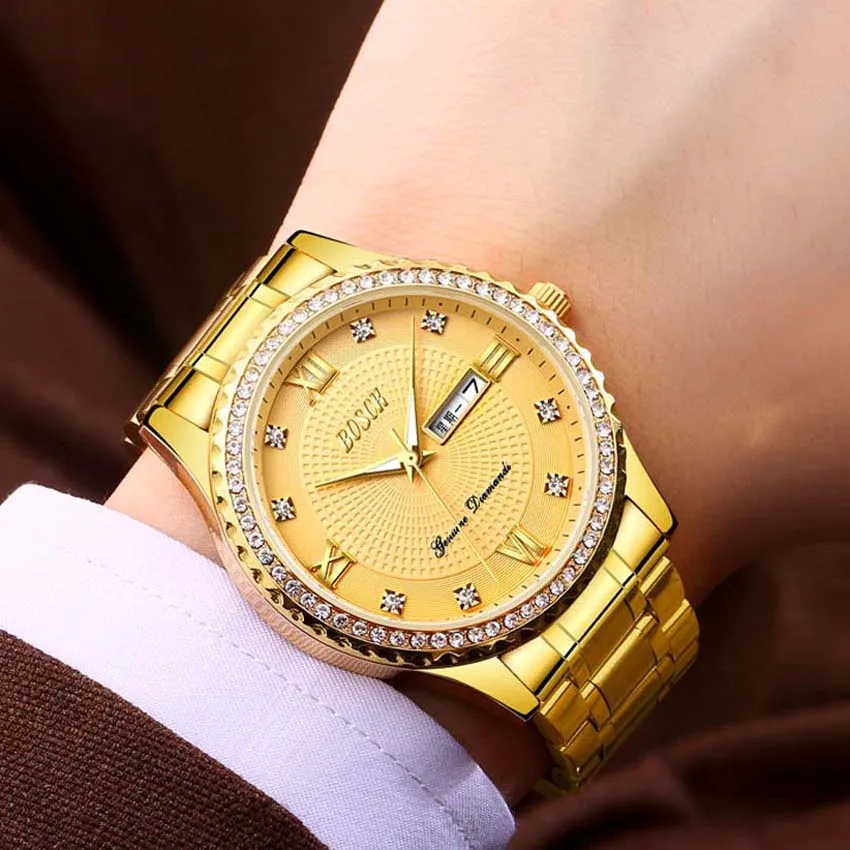 

Men High Quality Mens Watches Top Brand Luxury Quartz Watch Full Steel Diamond Male Clock Date Week Waterproof Gold Wristwatch