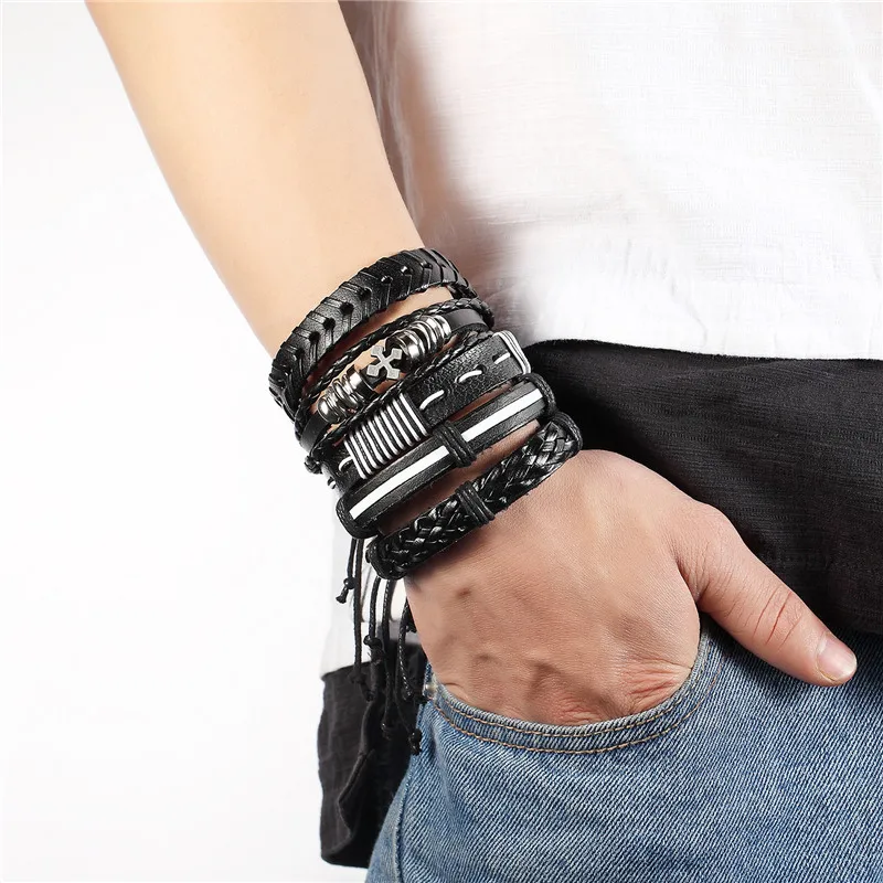 Janeyacy 1 комплект/5 шт. винтажный черный кожаный браслет Brave Knight мужской браслет женский многослойный браслет мужской Панк Pulseira